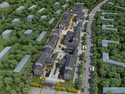 Aerial View Of Commercial Street With Traditional Architecture And Greenery 3d model