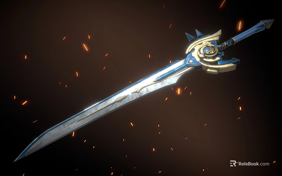 Ornate Blue And Gold Sword With Intricate Details And Orange Sparks 3d model 