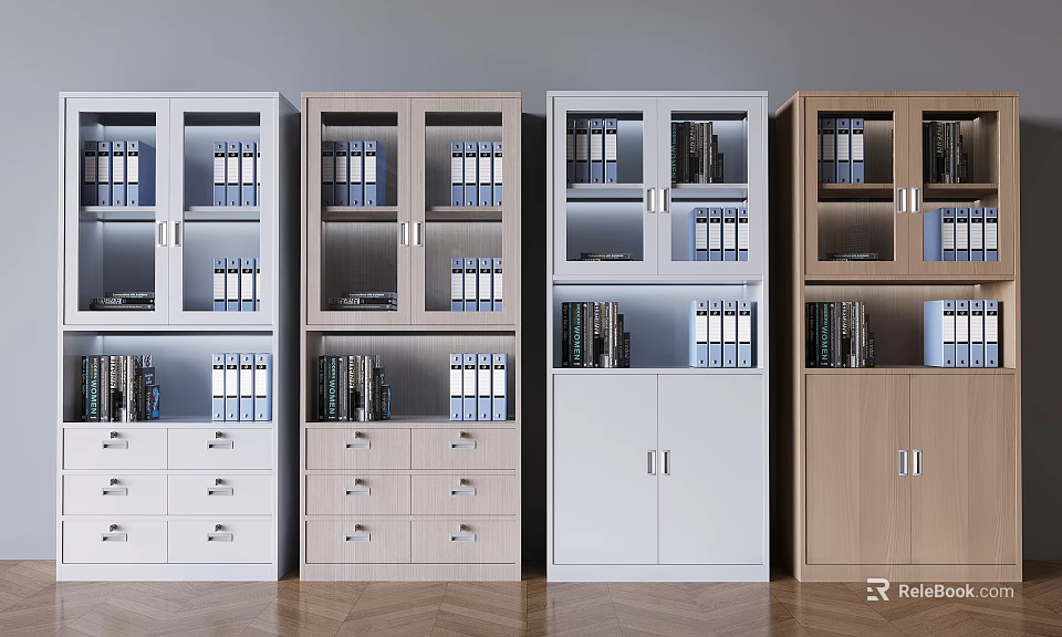 Modern Office File Cabinets With Glass Doors Drawers And Organized Folders 3d model 
