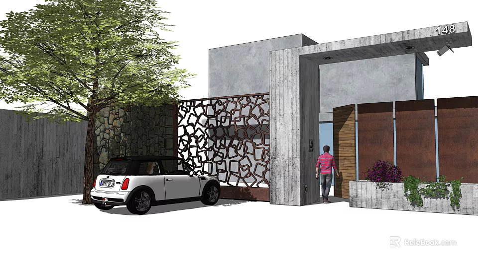 Modern Concrete Feature Wall With Laser Cut Patterns And Greenery At Entrance 3d model 