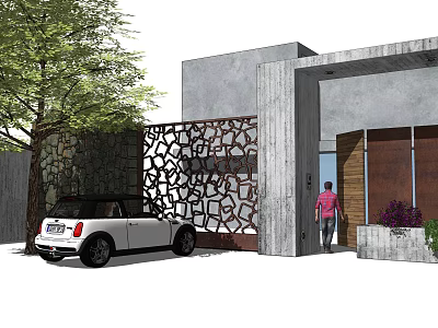 Modern Concrete Feature Wall With Laser Cut Patterns And Greenery At Entrance 3d model