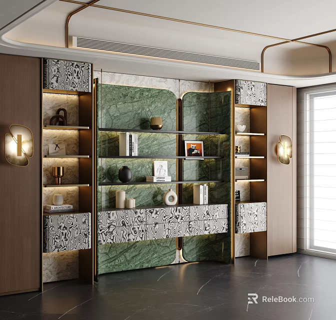 Elegant Modern Bookcase With Green Marble Panels Drawers And Decorative Items 3d model 