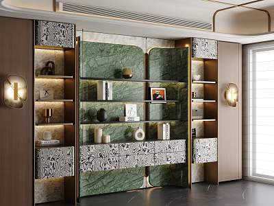 Elegant Modern Bookcase With Green Marble Panels Drawers And Decorative Items 3d model