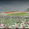 Beautiful Park Landscape With Colorful Flowers Green Lawn Stone Wall Street Lamps And Trees