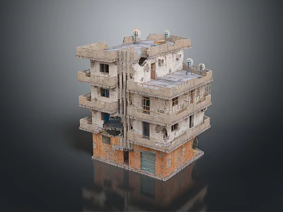 Old Multi Storey Residential Building with Peeling Walls Broken Windows Entrance Door and Rooftop Antennas 3d model