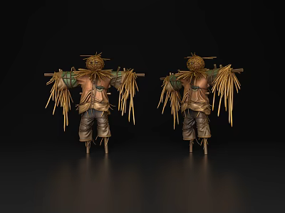 Game And Movie Scarecrow Character With Straw Body Straw Hat Clothing And Back Straw Decorations 3d model