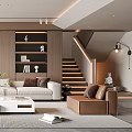 Modern Living Room Interior Design With Beige Sofa Wooden Wall Bookshelves Staircase And Coffee Table