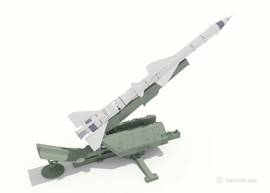 Detailed Military Missile Weapon Model Mounted On Green Launcher Structure With Stable Base 3d model 