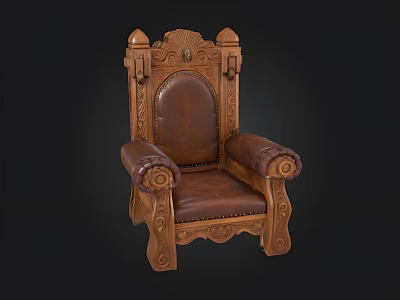 Antique Carved Wooden Chair With Leather Upholstered Seat And Ornate Armrests 3d model