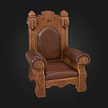 Antique Carved Wooden Chair With Leather Upholstered Seat And Ornate Armrests
