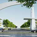 Modern Architectural Entrance Gate With Yellow Leaf Trees And Black Cars On Road