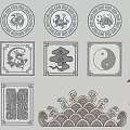 Traditional Chinese Decorative Patterns With Dragon Tortoise Tai Chi Cloud And Wave Designs 3d model