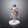 Anime Character Figure With Blue Hair And Pink White Outfit On Pink Base