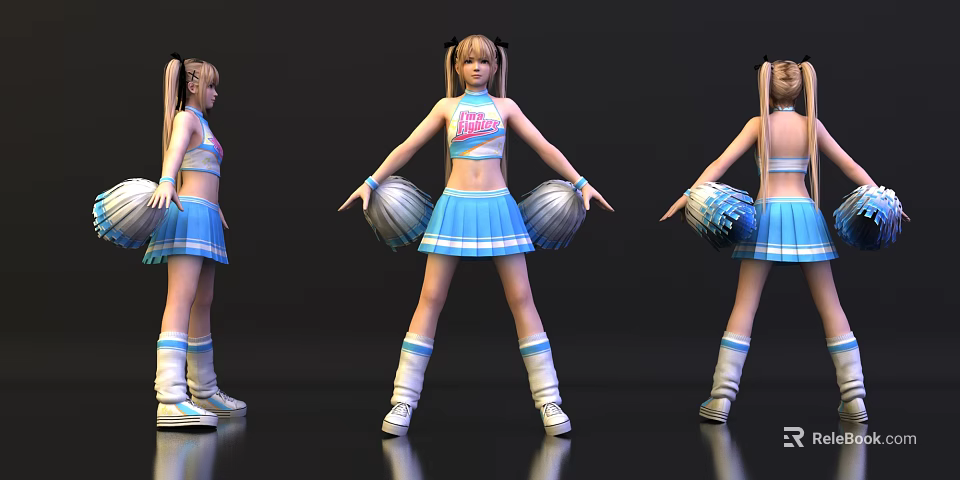Cheerleader Game and Movie Character With Blue White Outfit Silver Pom Poms And Double Ponytails 3d model 