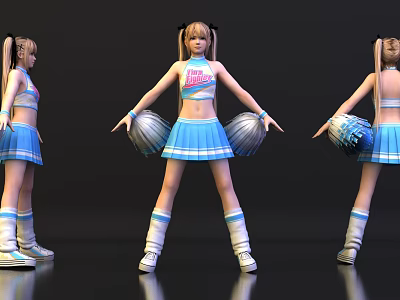 Cheerleader Game and Movie Character With Blue White Outfit Silver Pom Poms And Double Ponytails 3d model