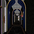KTV Arched Corridor With Purple And Blue Lighting Mirrored Flooring And Golden Decorations