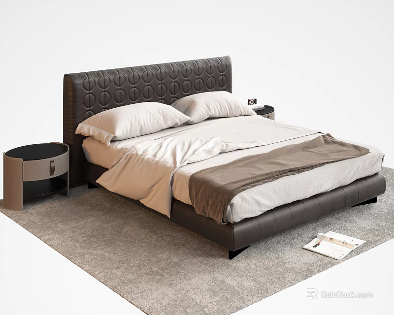 Double Bed With Leather Headboard Circular Patterns White Pillows Beige Bedding Nightstands On Gray Carpet 3d model