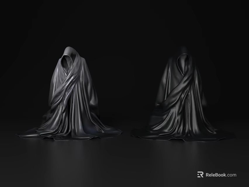 Two Black Hooded Robes With Drapey Fabric On Dark Background 3d model 