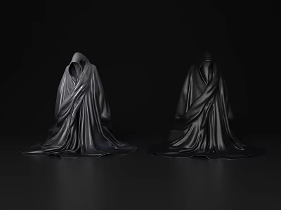 Two Black Hooded Robes With Drapey Fabric On Dark Background 3d model