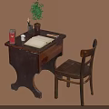 Vintage Wooden Desk And Chair With Potted Plant Red Box Cup Pens Open Notebook