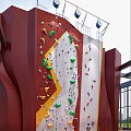 Colorful Holds On Red White Outdoor Climbing Wall Rooftop Structure With Railings