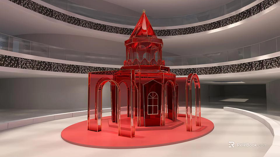 Fashion Runway Stage Featuring Red Tower Like Structure And Multi Tiered Seats 3d model