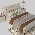 Double Bed with Tufted Headboard Gray Brown Blanket Nightstands Table Lamp and Geometric Rug