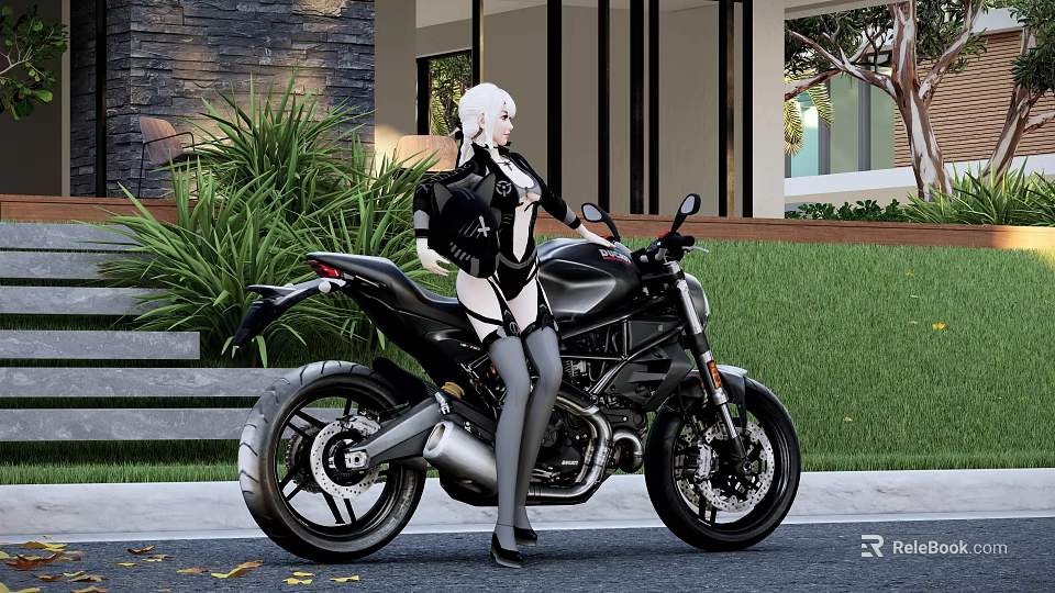 Stylish Motorcycle With Silver Haired Woman In Black Outfit Near Modern House And Green Plants 3d model 