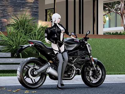 Stylish Motorcycle With Silver Haired Woman In Black Outfit Near Modern House And Green Plants 3d model