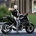 Stylish Motorcycle With Silver Haired Woman In Black Outfit Near Modern House And Green Plants
