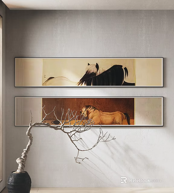 Animal Paintings Hanging On Wall With Black White Horse Brown Equine And Tree Branches 3d model 