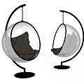 Modern Transparent Globe Hanging Chair with Black Metal Stand and Gray Quilted Cushion