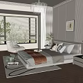 Elegant Modern Bedroom Interior With Bed Orange Blanket Pillows Nightstand Lamp And Green Plants