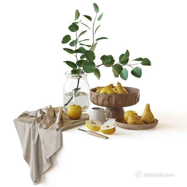 Elegant Fruit Arrangement With Glass Jar Ceramic Dishes And Cloth 3d model 