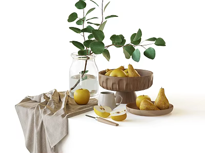 Elegant Fruit Arrangement With Glass Jar Ceramic Dishes And Cloth 3d model