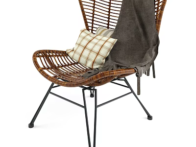 Wicker Lounge Chair With Plaid Pillow And Linen Blanket On Black Metal Frame 3d model