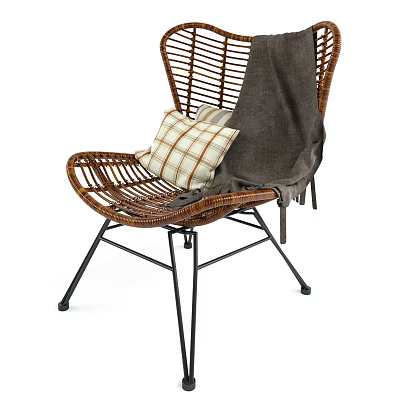 Wicker Lounge Chair With Plaid Pillow And Linen Blanket On Black Metal Frame 3d model
