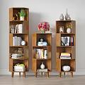 Modern Wooden Multi Tiered Bookcase With Books Decorative Items And Potted Plant By Window Curtains