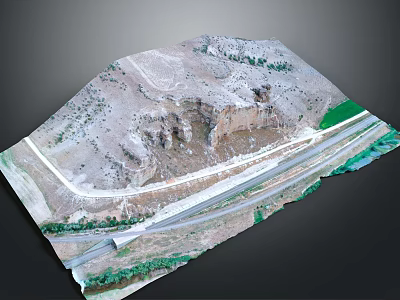 Aerial View Of Natural Mountainous Terrain With Winding Road Rock Formations And Green Vegetation 3d model