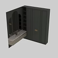 Modern Bathroom Vanity With Arched Mirror Dark Green Cabinet And Wooden Countertop