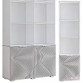Stylish Display Cabinets Featuring Multiple Shelves Black Brown Beige Tones And Geometric Design Bases