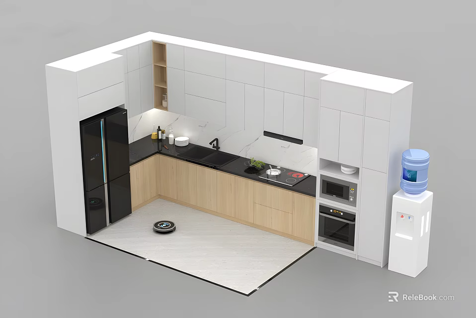 Modern Kitchen Appliances Featuring White Cabinets Black Refrigerator Wooden Countertop And Built In Oven 3d model 