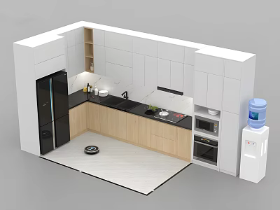 Modern Kitchen Appliances Featuring White Cabinets Black Refrigerator Wooden Countertop And Built In Oven 3d model