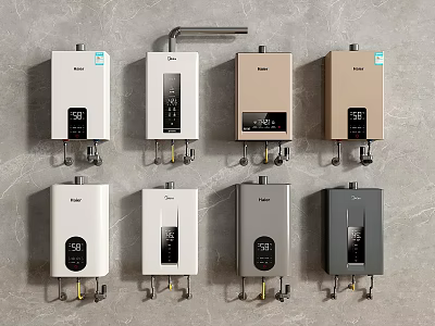 Rinnai Water Heaters In Various Colors For Daily Use Appliances Displayed On Wall 3d model