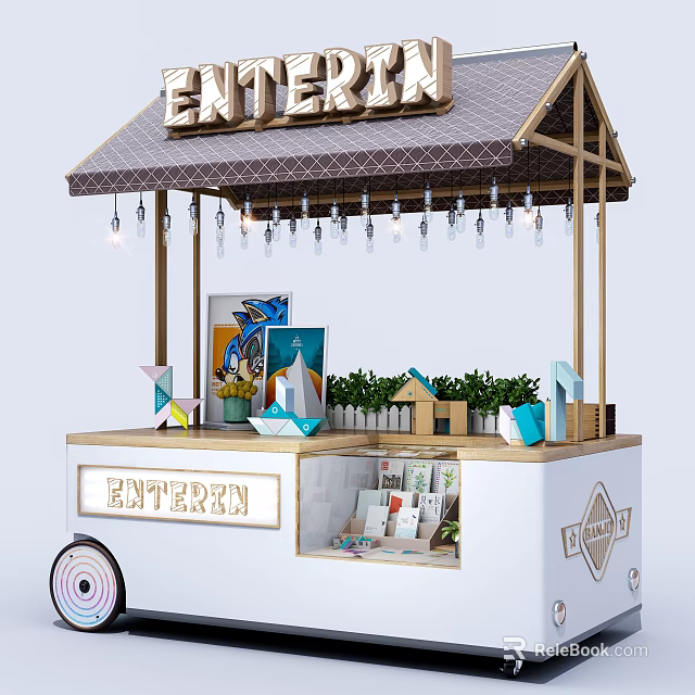 Functional Pavilion Style Cart With Hanging Lights Displaying Plants And Mini House Models 3d model 