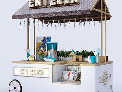 Functional Pavilion Style Cart With Hanging Lights Displaying Plants And Mini House Models 3d model