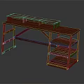 Red Wooden Desk Workstation With Upper Shelf And Lower Layered Storage Shelves