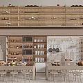 Organized Cozy Kitchen With Wooden Shelves Displaying Mugs Plates Pans And Tables