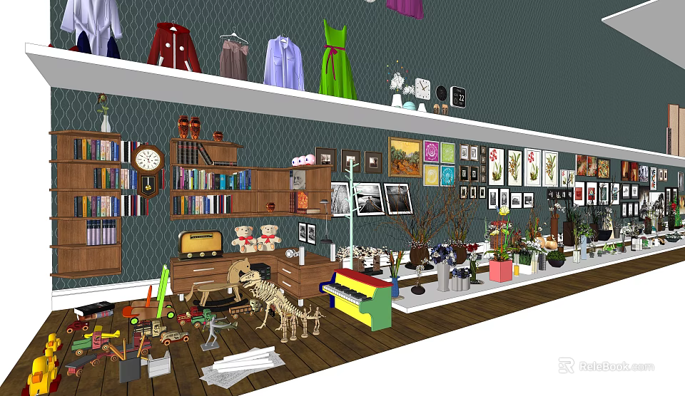 Wooden Bookcase Filled With Books Decorative Items And Wall Art In Home Interior 3d model 