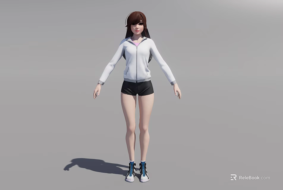 Child In White Hoodie And Black Shorts Standing With Blue Sneakers On Gray Background 3d model 